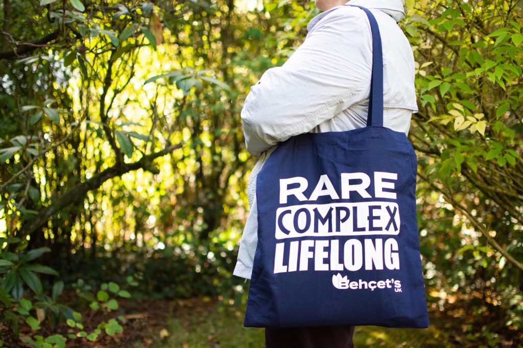 Photo of a Behçet's UK tote bag with the words "Rare, complex, lifelong" on it