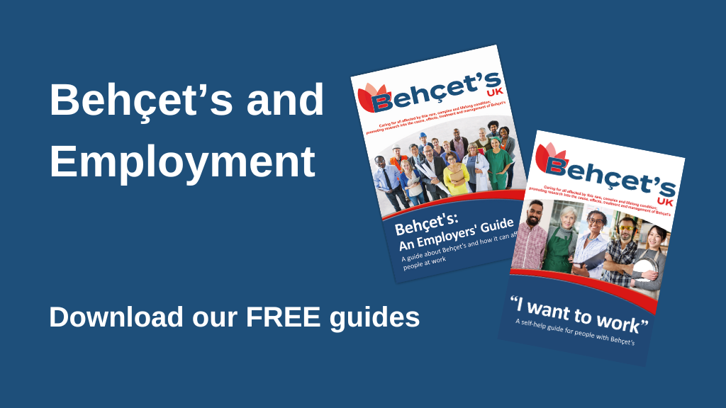 Photos of our two Behçet's and employment booklets on a blue background. Text says "Download our FREE guides".