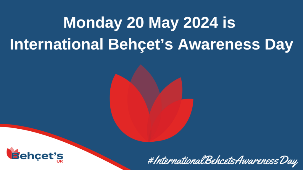 The Behçet's UK tulip logo on a blue background. The text by it says “Monday 20 May 2024 is International Behçet's Awareness Day”.