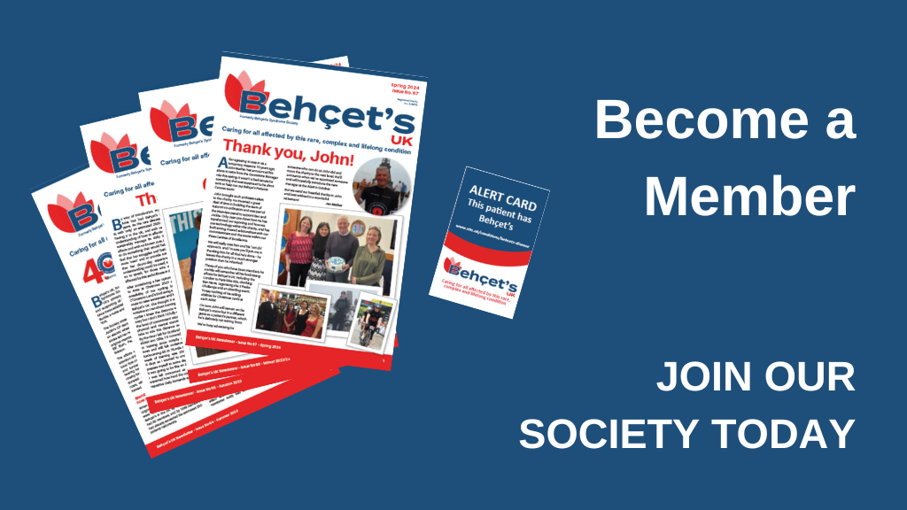Photos of Behçet's UK newsletters and a patient alert card on a blue background. Text says "Become a Member. Join our Society today".