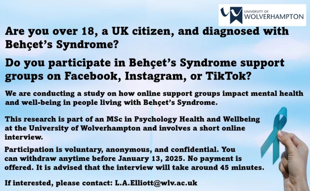 Recruitment poster for research study into Behçet's support groups on Facebook, Instagram and Tik Tok.