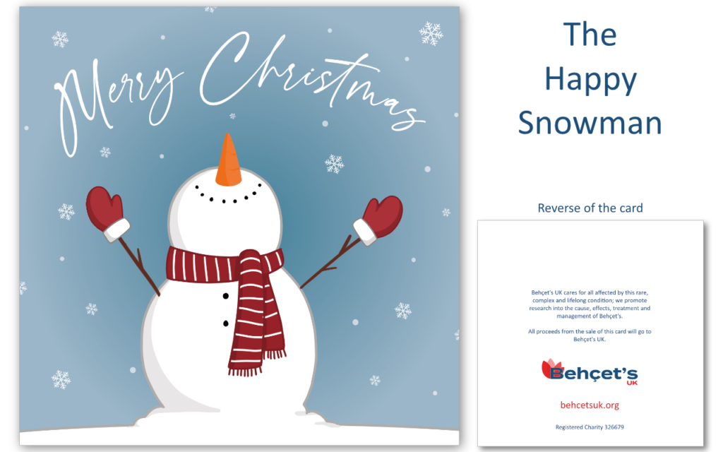 Example of the Happy Snowman Behçet's UK Christmas card design. Text on the card says "Merry Christmas".