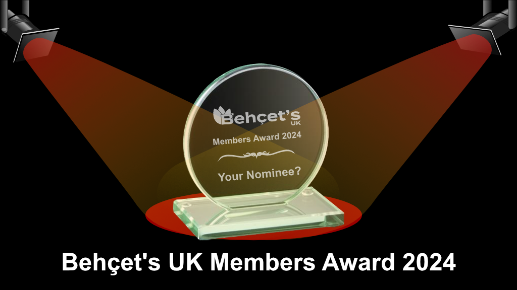 A digital illustration of a glass award engraved with the words “Behçet’s UK Members Award 2024 – Your nominee?”. 