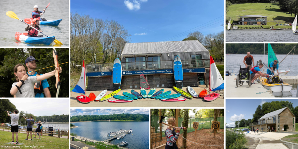 Images of the activity centre at Llandegfedd Lake.  Including images of the activities available including archery, kayaking, axe throwing, and sailing