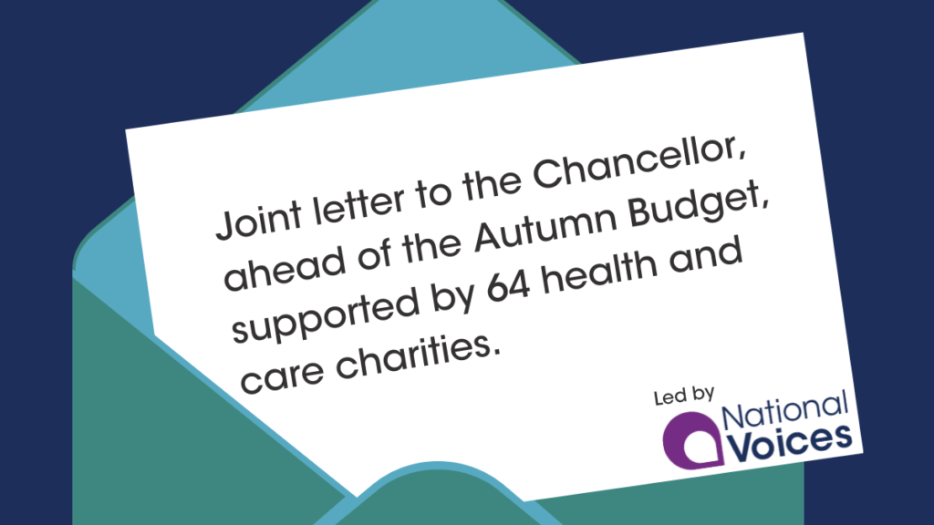 A navy background with a green and blue envelope towards the centre. Inside the envelope is a white letter, which reads 'Joint letter to the Chancellor, ahead of the Autumn Budget, supported by 64 health and care charities.’ The National Voices logo is pictured to the bottom right corner of the letter