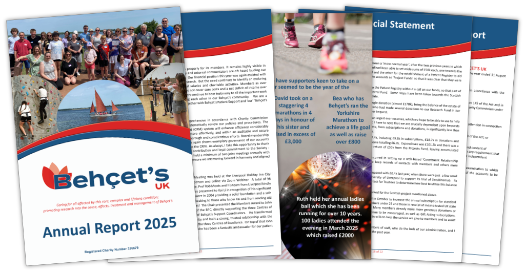 An image showing a few overlapping pages from the Behçet's UK 2025 Annual Report