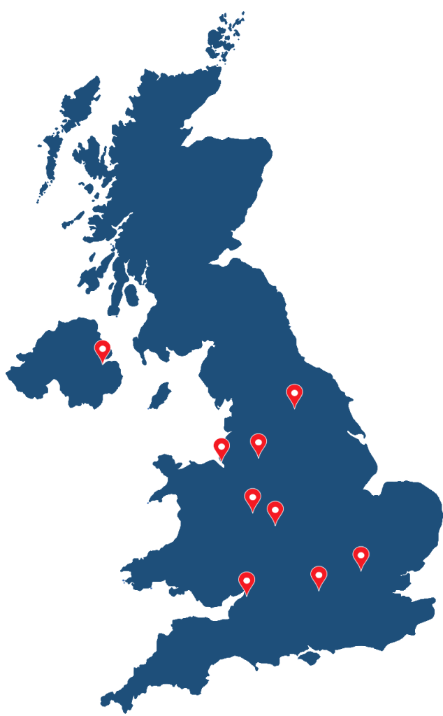 UK map with point markers showing where the conferences have been held
