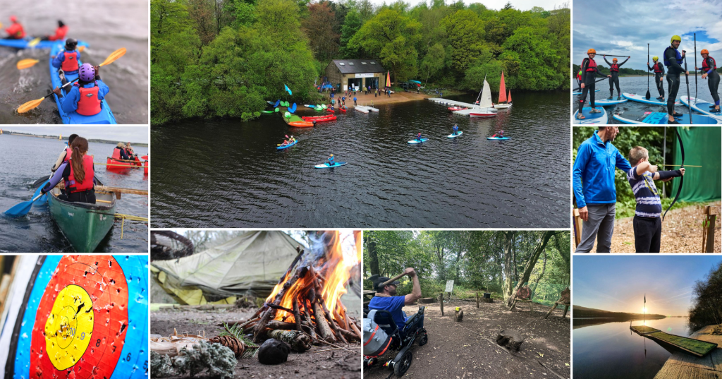 A collage of activities available at the Anderton Centre, centered around a photo of the centre’s boathouse with sailing boats and stand-up paddleboards on the water. Surrounding images show people engaging in various activities, including canoeing, kayaking, archery, and axe-throwing, highlighting some of the activities offered at the centre.
