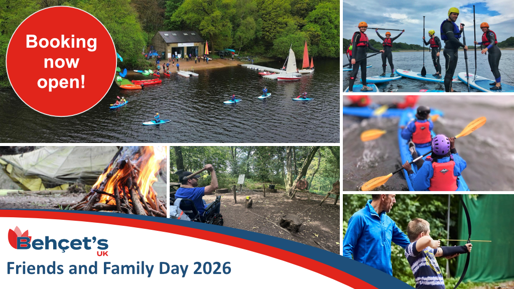 A collage of activities available at the Anderton Centre. The main image is the centre’s boathouse with sailing boats and stand-up paddleboards on the water. Surrounding images show people engaging in various activities, including kayaking, archery, and axe-throwing, highlighting some of the activities offered at the centre. Bottom left displays the Behçet's UK Logo with the text "Friends and family day 2026"  Top right there is a circle with the text "Booking now open!"