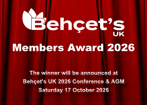 Behçet’s UK Members Award 2026. The text is set against red stage curtains and states that the winner will be announced at the Behçet's UK 2026 Conference & AGM on Saturday, 17 October 2026.
