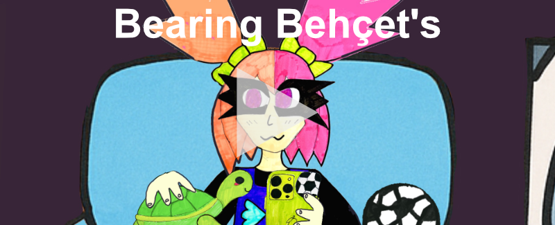 A vibrant anime-style drawing of Snow, the character in the Bearing Behçet's animation, with pink and orange pigtails and a black mask. Snow holds a green turtle and a green football-patterned smartphone, with a football resting beside her against a dark purple background. The image is overlaid with a transparent play button triangle and the white text "Bearing Behçet's" at the top.