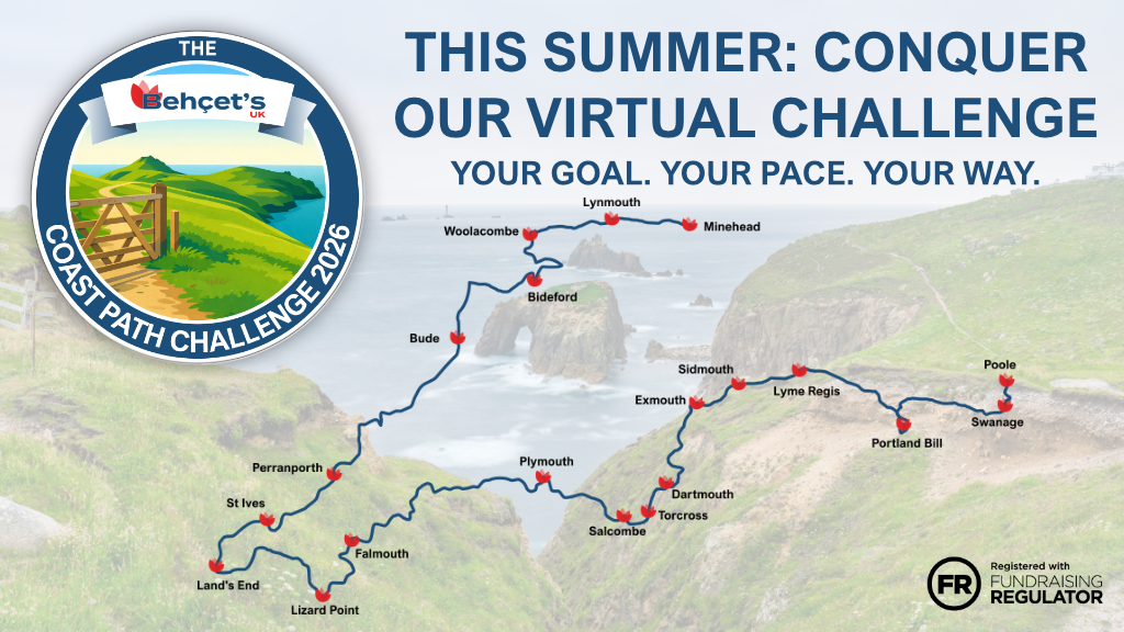 An image for "The Behçet’s UK Coast Path Challenge 2026." It features a colourful map of the South West Coast Path in England, stretching from Minehead to Poole, with red location pins at various coastal towns. A circular logo on the left shows a wooden gate leading to a coastal view. The text reads: "This Summer: Conquer Our Virtual Challenge. Your Goal. Your Pace. Your Way."
