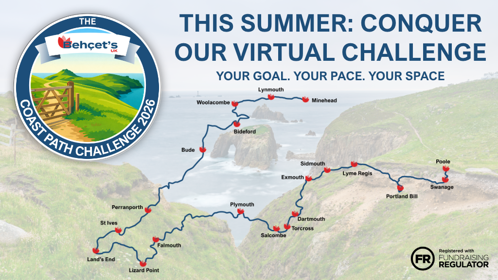 An image for "The Behçet’s UK Coast Path Challenge 2026." It features a colourful map of the South West Coast Path in England, stretching from Minehead to Poole, with red location pins at various coastal towns. A circular logo on the left shows a wooden gate leading to a coastal view. The text reads: "This Summer: Conquer Our Virtual Challenge. Your Goal. Your Pace. Your Space.
