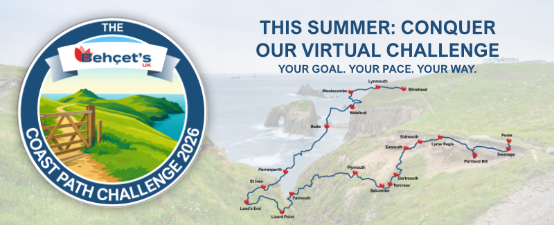 An image for "The Behçet’s UK Coast Path Challenge 2026." It features a colourful map of the South West Coast Path in England, stretching from Minehead to Poole, with red location pins at various coastal towns. A circular logo on the left shows a wooden gate leading to a coastal view. The text reads: "This Summer: Conquer Our Virtual Challenge. Your Goal. Your Pace. Your Way."