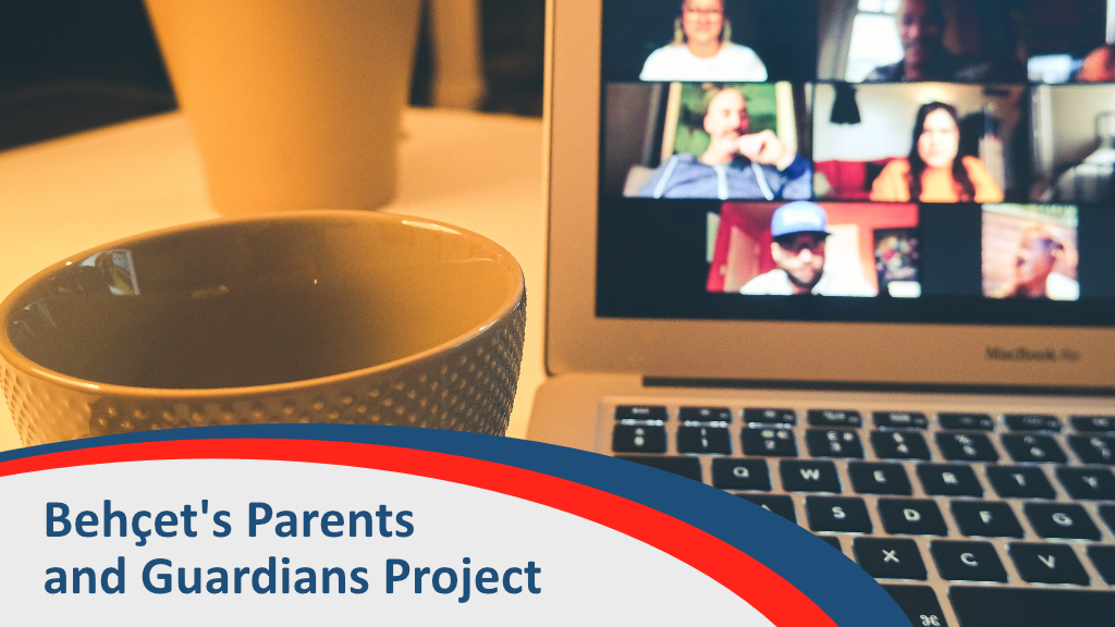 A close-up shot of a beige coffee mug next to an open laptop showing a video conference call with multiple participants. The bottom of the image features a red and blue curved banner with the text "Behçet's Parents and Guardians Project".