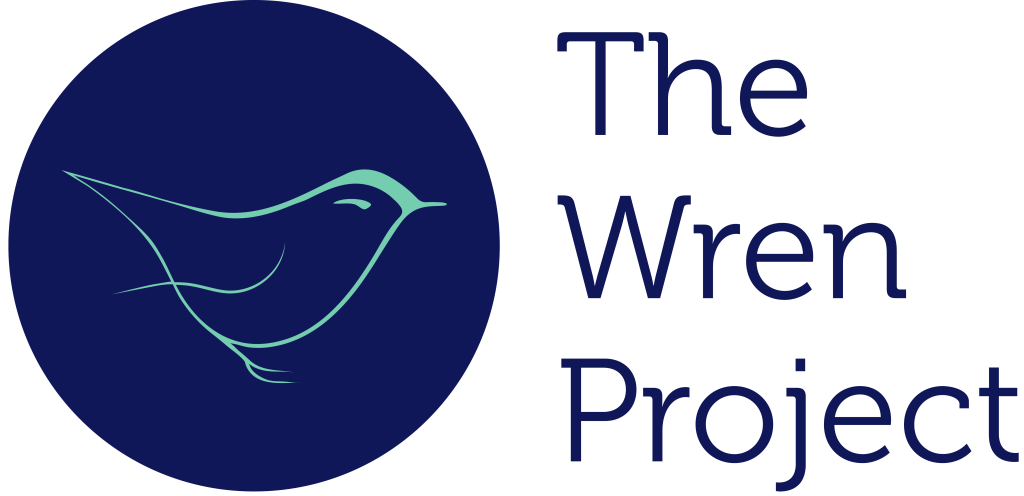 Logo for The Wren Project, featuring a dark blue circle with a minimalist, light green line-art wren inside, alongside the text "The Wren Project" in dark blue.