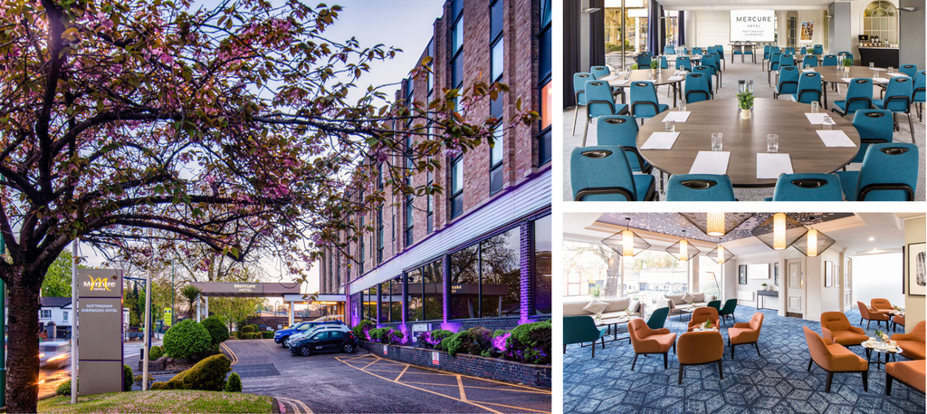 A three-panel image collage of the Mercure Nottingham Sherwood Hotel conference venue. The large left panel shows the multi-story hotel exterior with pink blossoms in the foreground. The top right panel features the bright conference room with round wooden tables and teal chairs. The bottom right panel highlights a lounge with geometric blue carpeting and orange and teal armchairs.