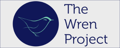ogo for The Wren Project, featuring a dark blue circle with a minimalist, light green line-art wren inside, alongside the text "The Wren Project" in dark blue.