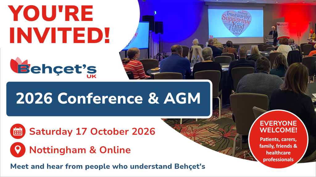 An event banner for the Behçet's UK 2026 Conference and AGM. On the left, bold red and blue text against a clean white background reads 'YOU'RE INVITED!' above the Behçet's UK charity logo. Below, a large dark blue rectangular badge reads '2026 Conference & AGM'. Red calendar and map pin icons display the event details: 'Saturday 17 October 2026' and 'Nottingham & Online'. At the absolute bottom left, blue text reads, 'Meet and hear from people who understand Behçet's'. On the right side, a photograph shows a warm, engaging view of an audience sitting at tables at a previous conference, looking toward a speaker stage. In the bottom right corner, a prominent red circle badge features white text that proclaims: 'EVERYONE WELCOME! Patients, carers, family, friends & healthcare professionals'.