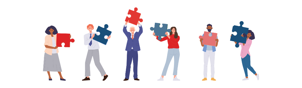 A horizontal banner illustration featuring a diverse lineup of six individuals standing side-by-side against a plain white background. The figures, representing a mix of genders, ages, and ethnicities, are holding large red and blue puzzle pieces, symbolising unity, diversity, and collaborative problem-solving.