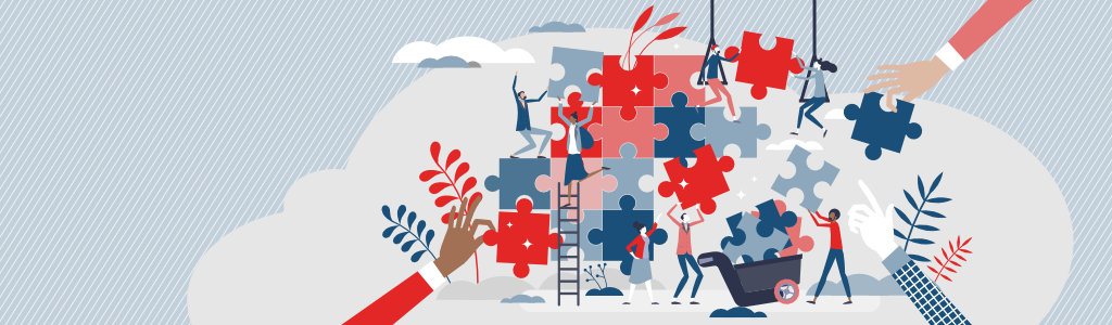 A wide, banner-oriented concept illustration showing a diverse group of people working collaboratively to construct a large puzzle. Figures are depicted using a ladder, a wheelbarrow, and ropes to actively place red and blue puzzle pieces into a larger structure, symbolizing teamwork and collective strategic building.