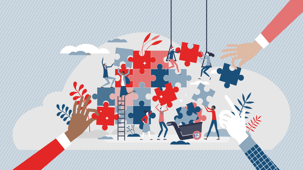 A concept illustration showing a diverse group of people working collaboratively to construct a large puzzle. Figures are depicted using a ladder, a wheelbarrow, and ropes to actively place red and blue puzzle pieces into a larger structure, symbolizing teamwork and collective strategic building.