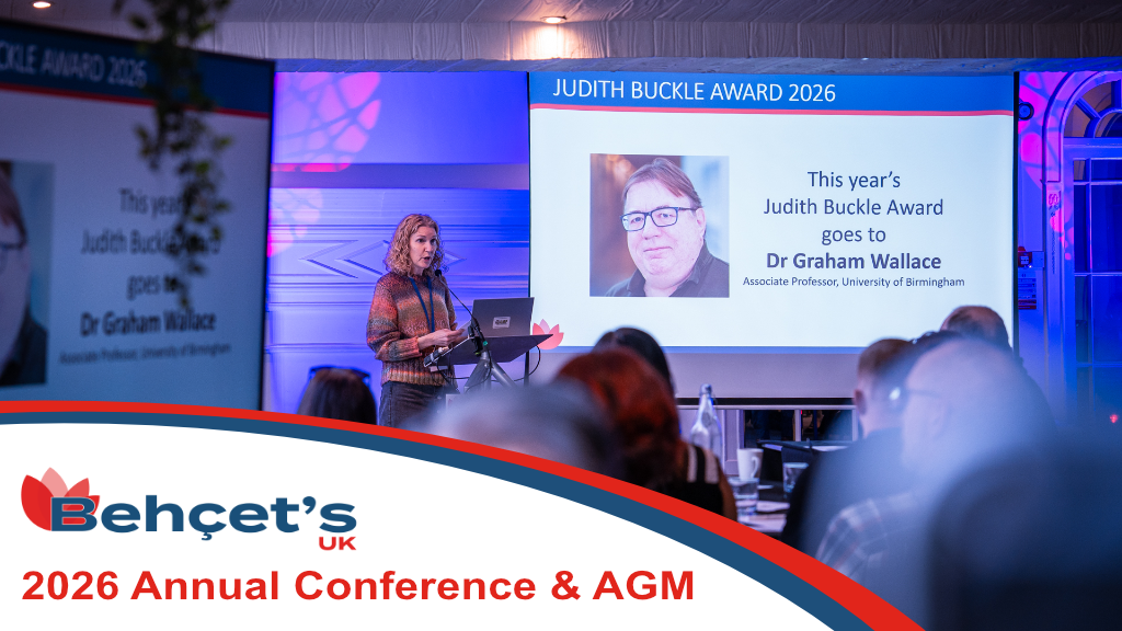 A speaker on stage at the Behçet's UK 2026 Annual Conference & AGM. Click here to catch up or watch the video recordings from the event.